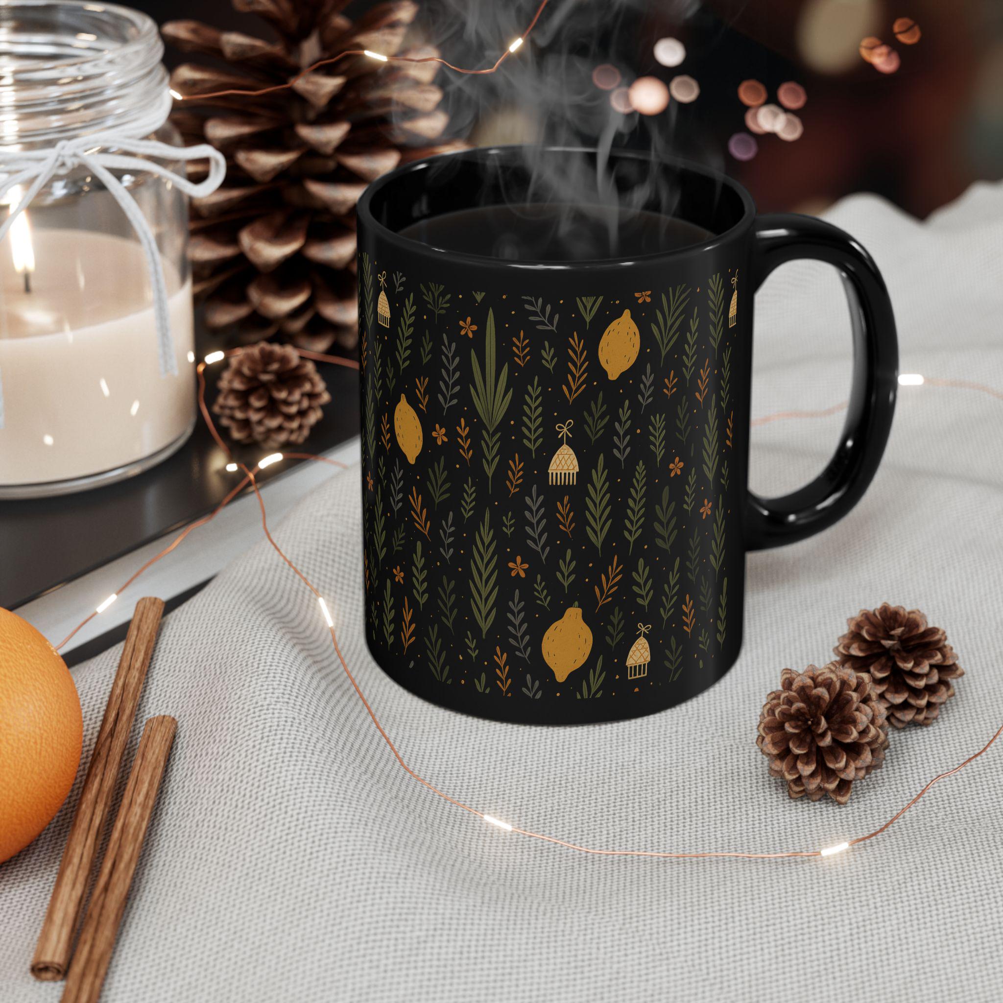 Jewish Sukkot Floral Black Ceramic Mug, Fall Holiday Tea Cup (11oz or 15oz)