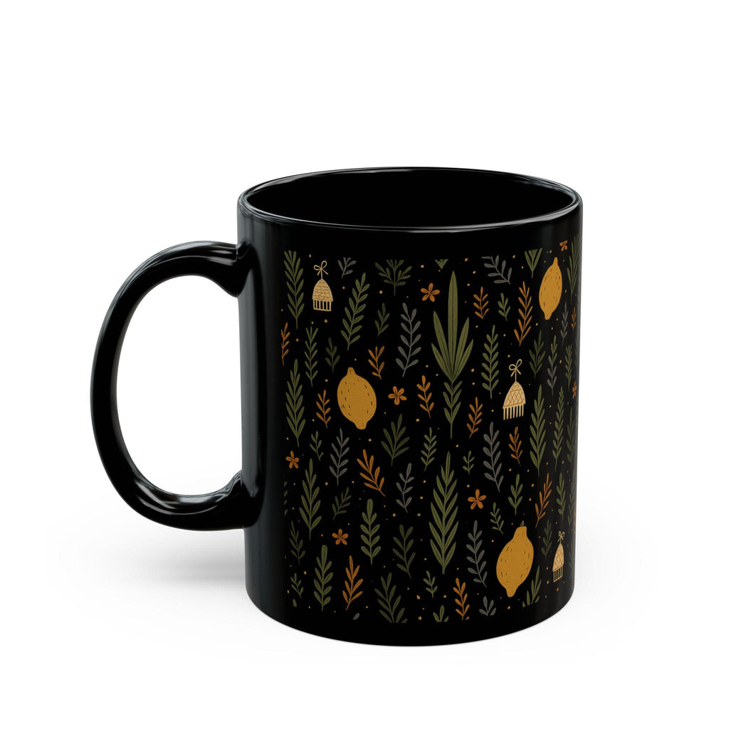 Jewish Sukkot Floral Black Ceramic Mug, Fall Holiday Tea Cup (11oz or 15oz)