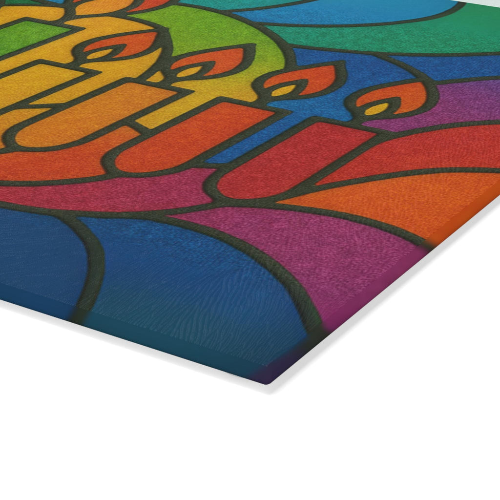 Rainbow Stained Glass Hanukkah Menorah Drip Tray, Tempered Glass Wax Catcher