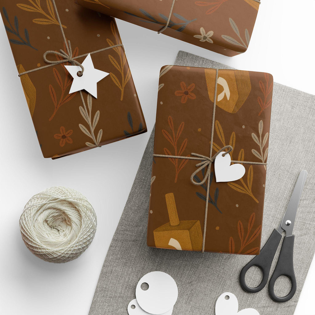 Floral Dreidel Hanukkah Wrapping Paper, Elegant Jewish Gift Wrap
