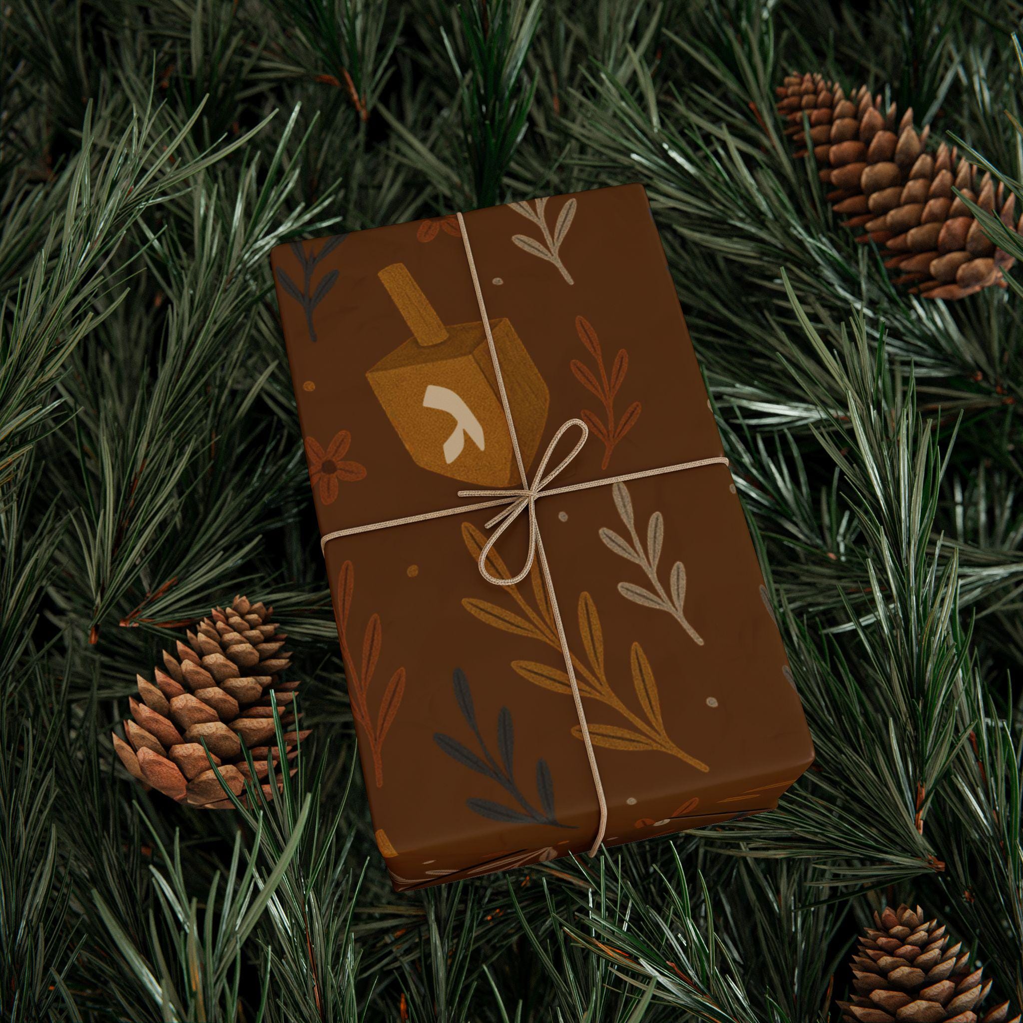 Floral Dreidel Hanukkah Wrapping Paper, Elegant Jewish Gift Wrap