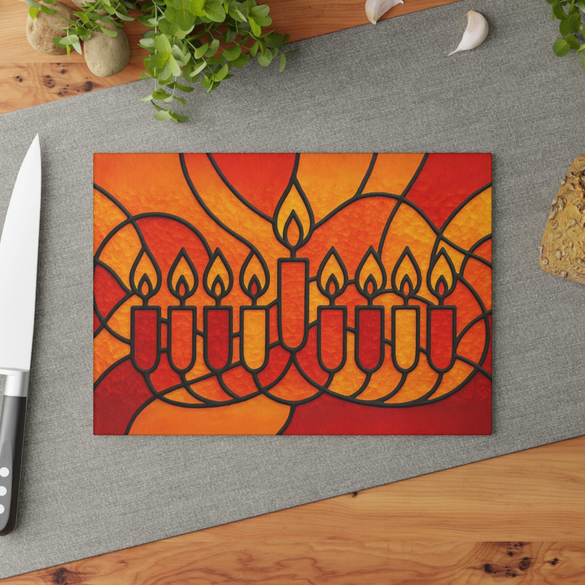 Orange Stained Glass Hanukkah Menorah Drip Tray, Tempered Glass Wax Catcher (8x11