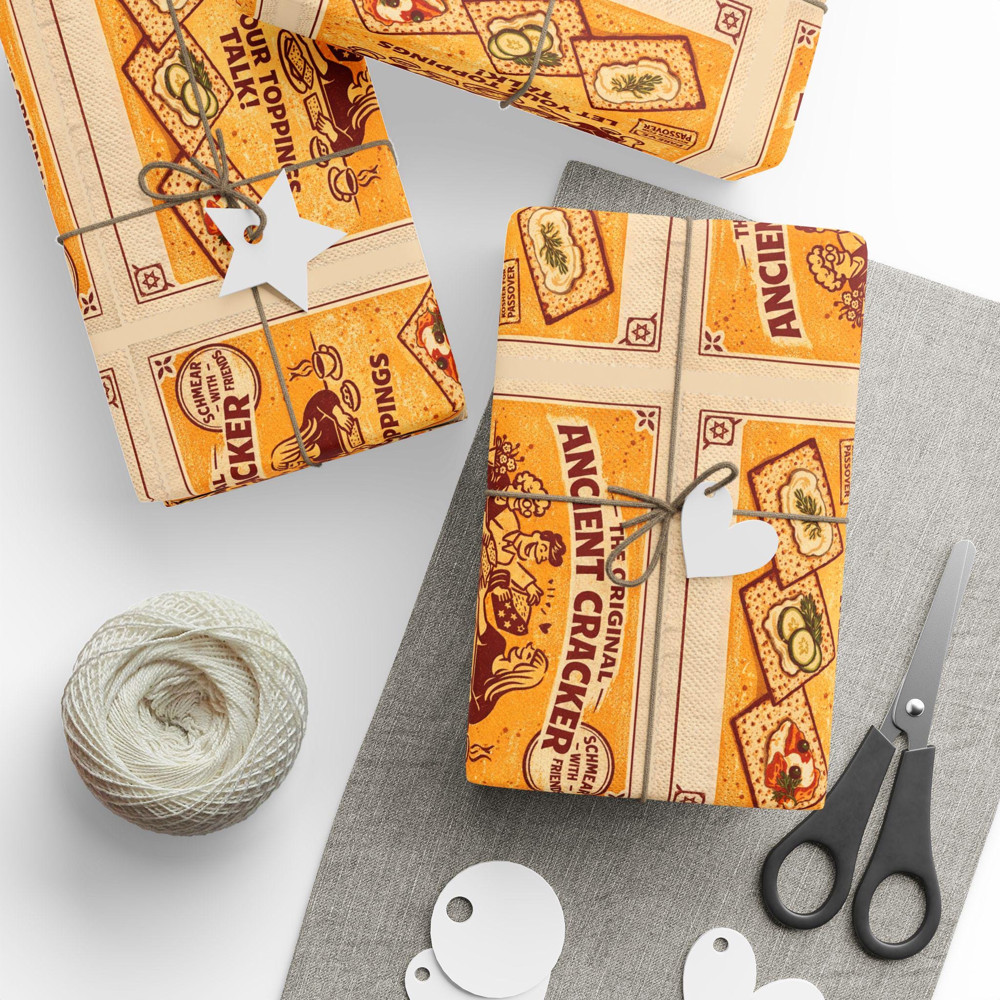 Vintage Matzah Label Wrapping Paper, Passover Gift Wrap, Jewish Holiday Packaging, Matzah Cracker Pattern