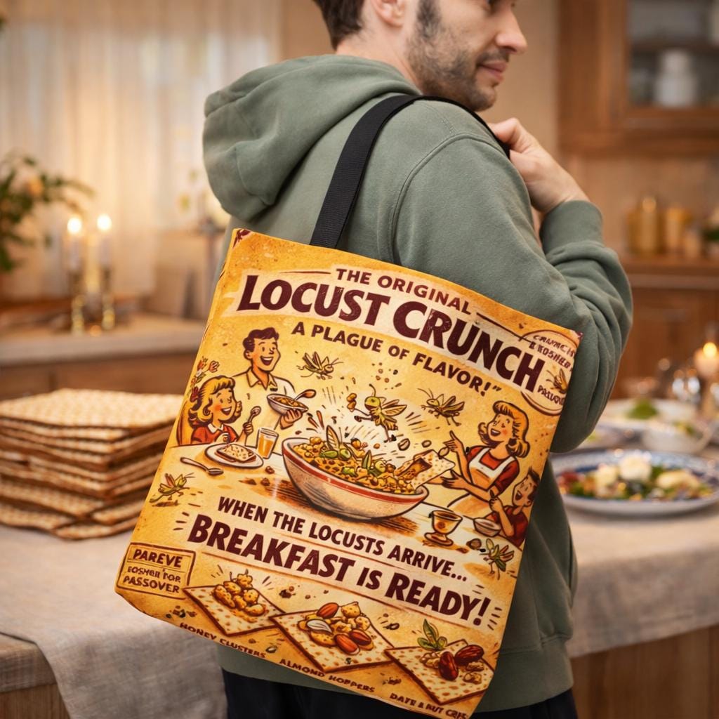 Passover Locust Crunch Vintage Ad Tote Bag, Retro Pesach Matzah Market Bag