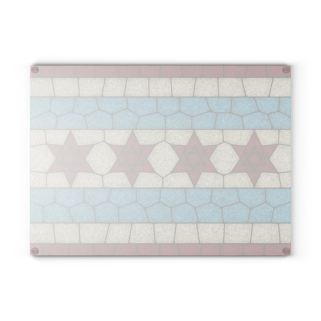 Chicago Flag Challah Board Stained Glass Shabbat Plate, Jewish Chicago Gift with Stars of David, Urban Judaica Art