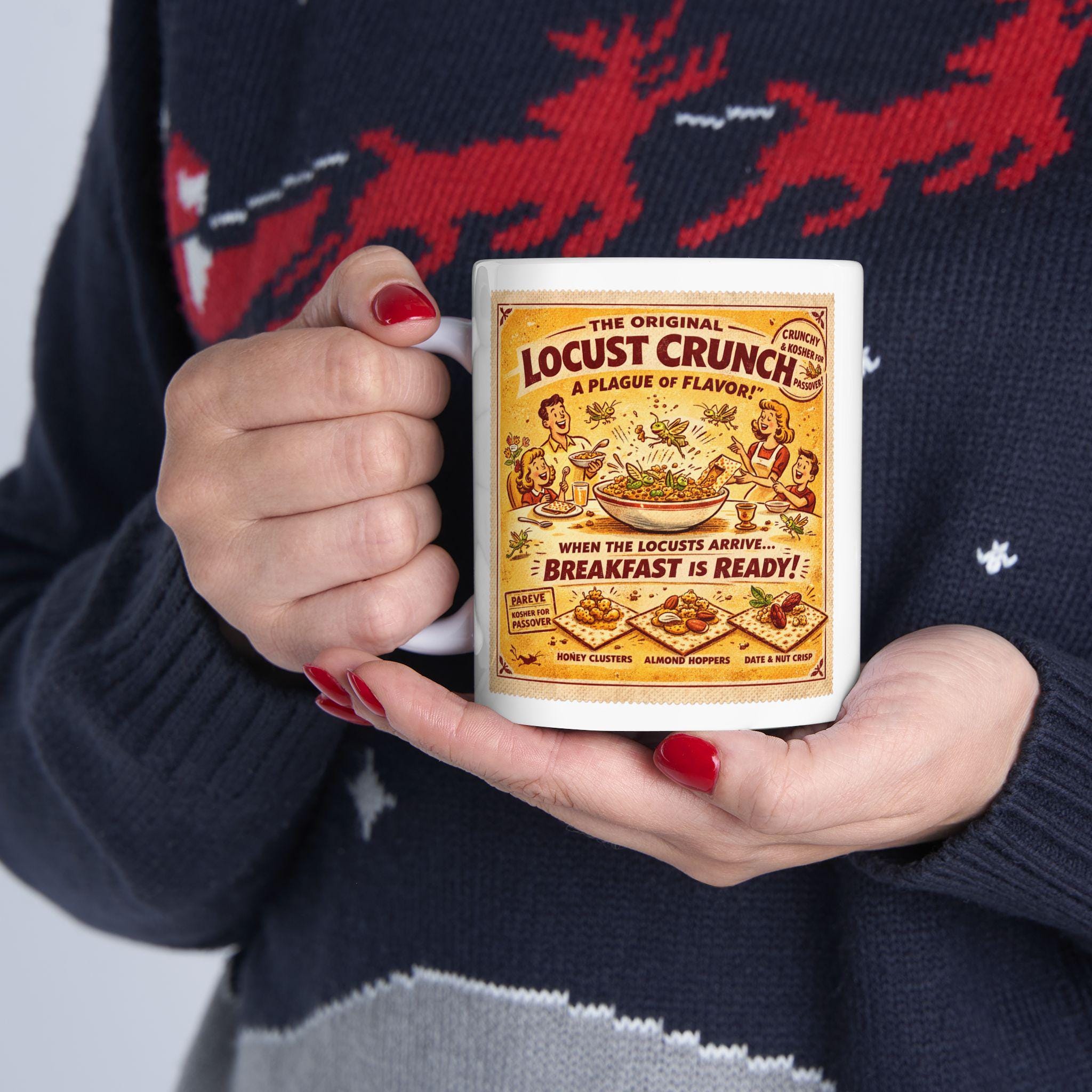 Passover Locust Crunch Cereal Mug, Retro Jewish Humor Coffee Cup