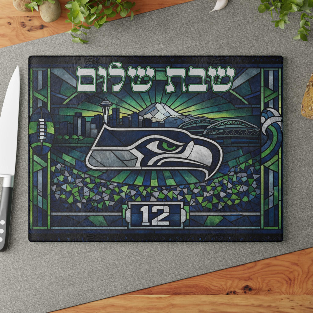 Seattle Seahawks Challah Board, Stained Glass Style Tempered Glass Judaica Tray