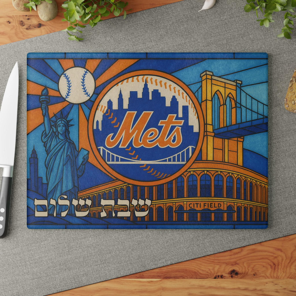 New York Mets Stained Glass Challah Board, Baseball Shabbat Shalom Plate