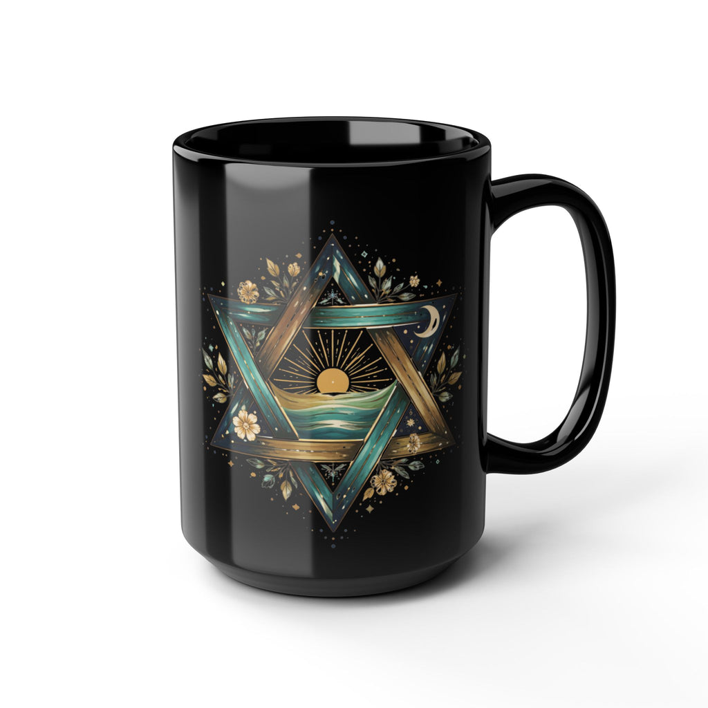 Star of David Sunrise Mug 15oz, Jewish Symbol Ocean Design Black Ceramic Coffee Cup Gift