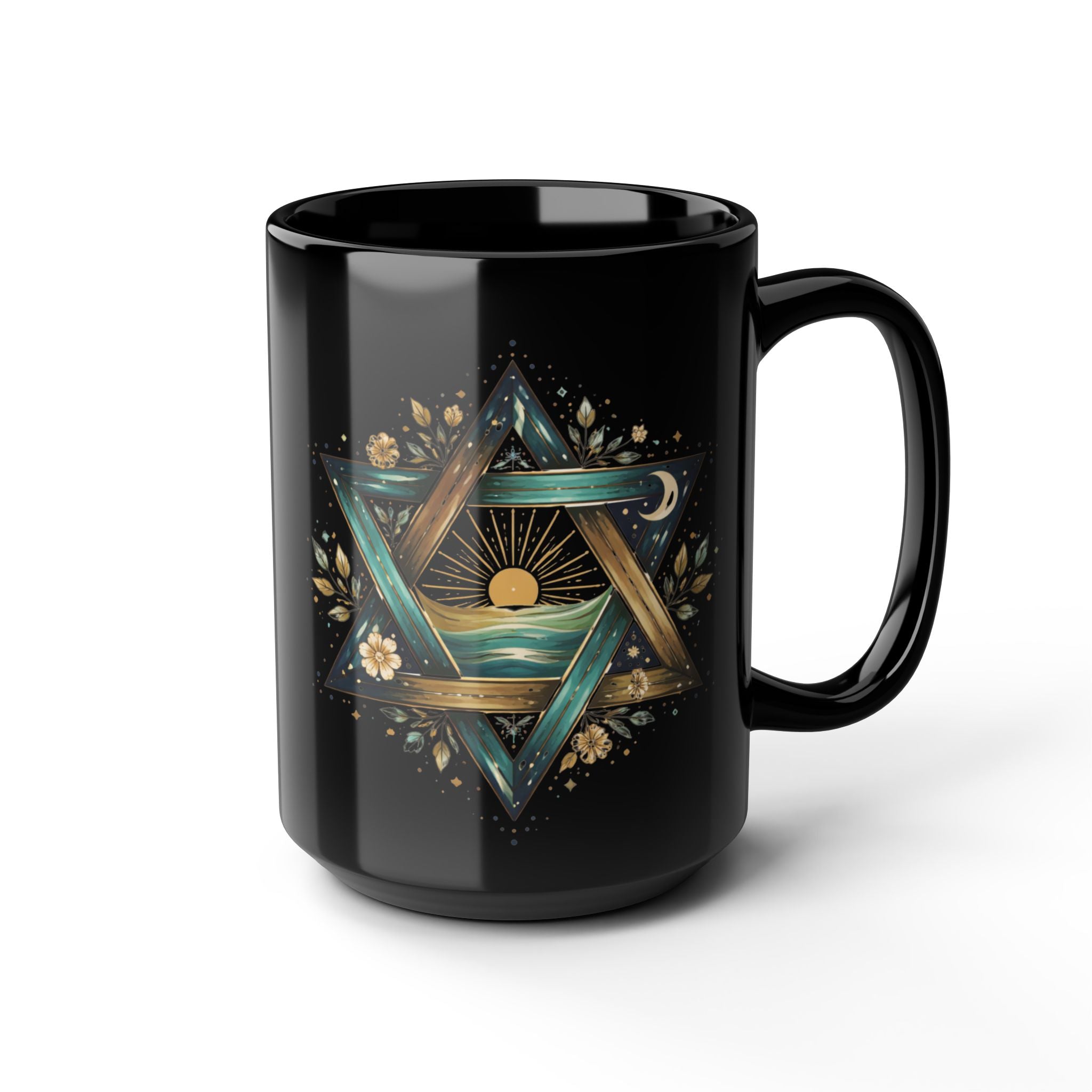 Star of David Sunrise Mug 15oz, Jewish Symbol Ocean Design Black Ceramic Coffee Cup Gift