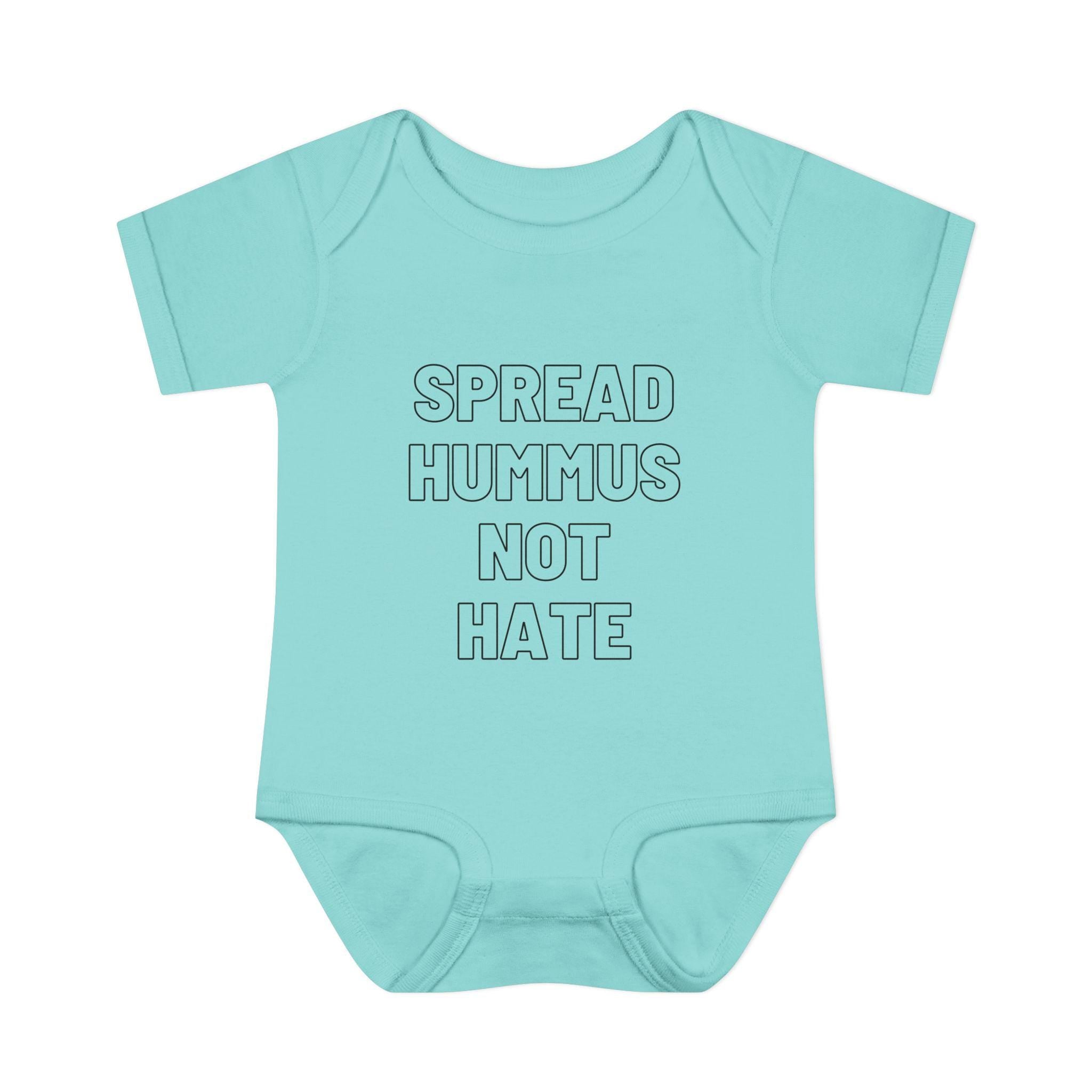 Spread Hummus Not Hate Baby Onesie Funny Jewish Infant Bodysuit, Foodie Humor Baby Shower Gift