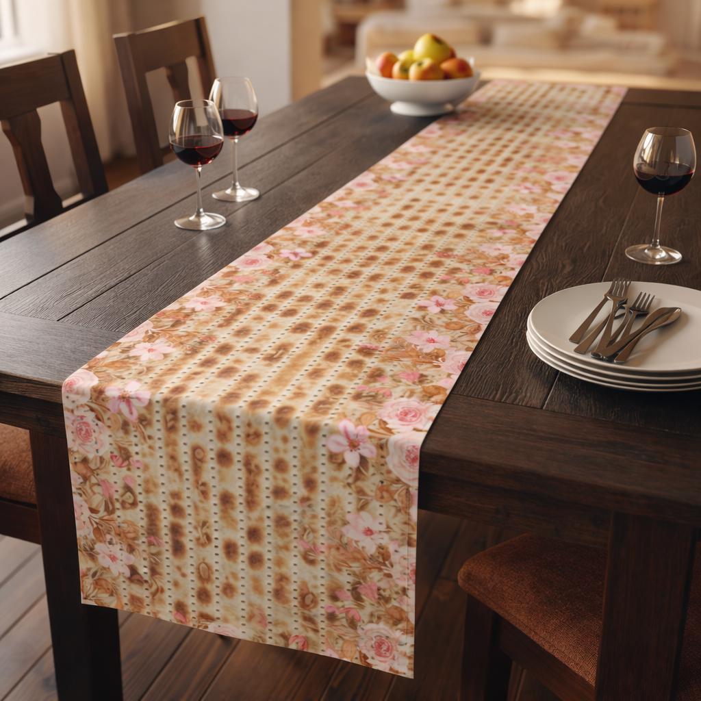 Passover Matzah Pink Floral Table Runner, Pesach Seder Judaica Decor