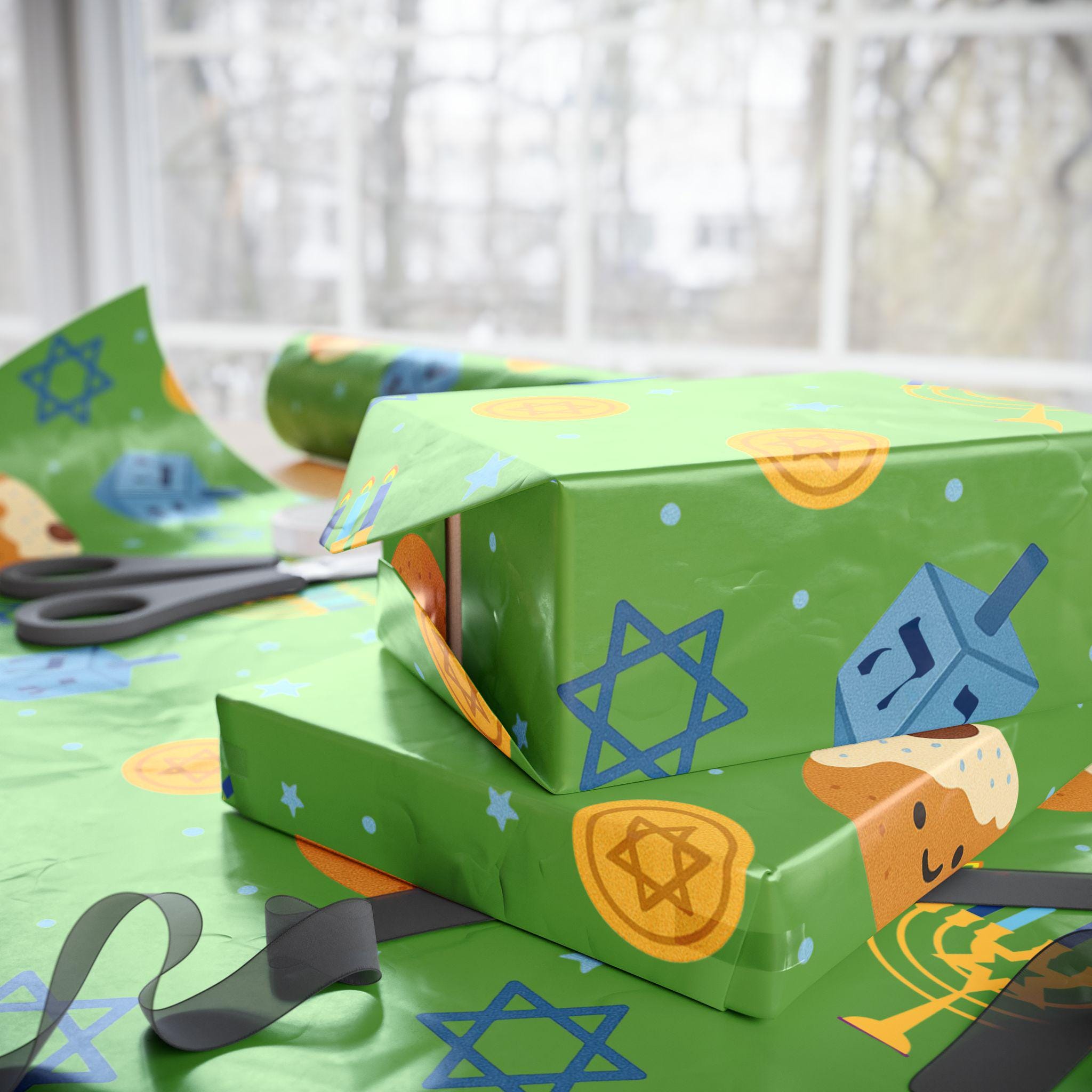 Green Hanukkah Wrapping Paper, Modern Judaica Gift Wrap, Fine Art Paper