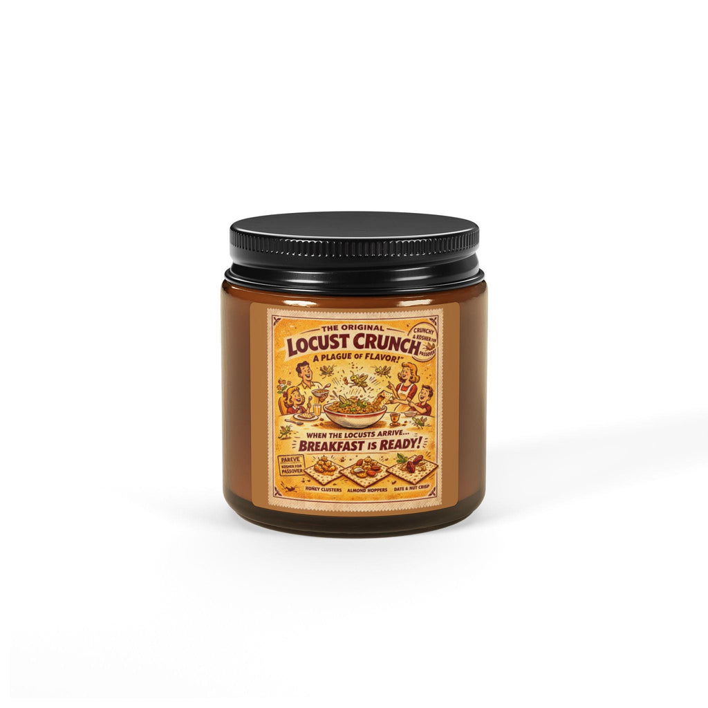 Locust Crunch Soy Candle, Vintage Passover Label, Amber Glass Judaica Home Fragrance