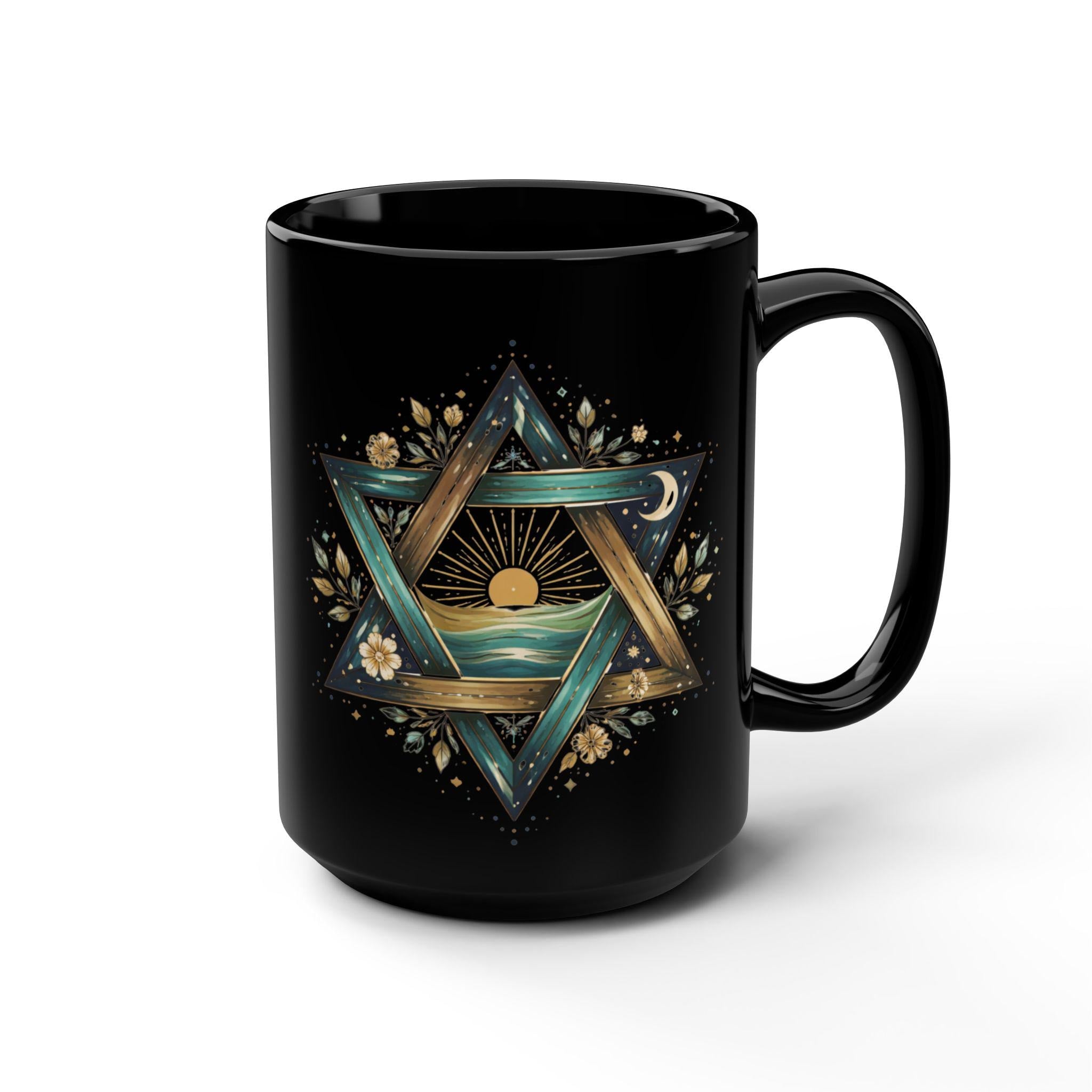 Star of David Sunrise Mug, Ocean Jewish Symbol Black Ceramic Coffee Cup