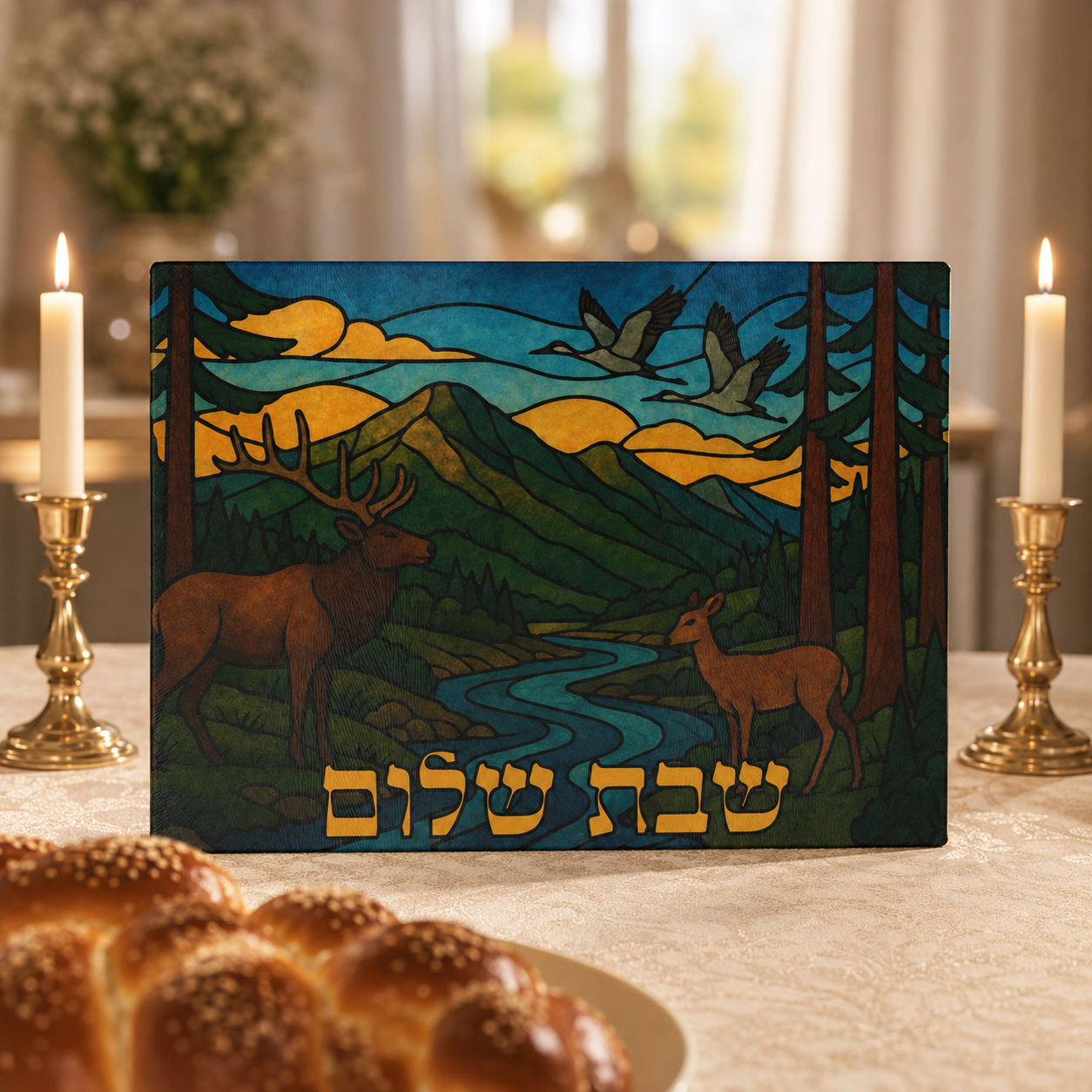 Idaho Stained Glass Challah Board, Boise Judaica Shabbat Plate, Synagogue Window Design