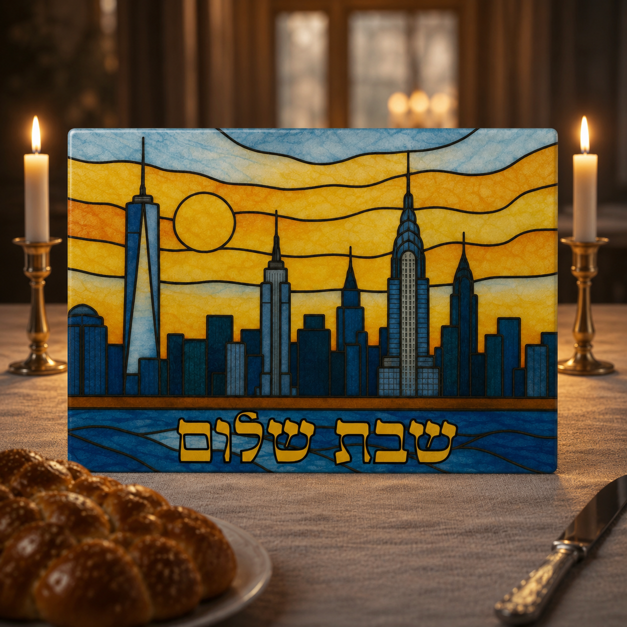 New York Skyline Tempered Glass Challah Board, Stained Glass Shabbat Tray