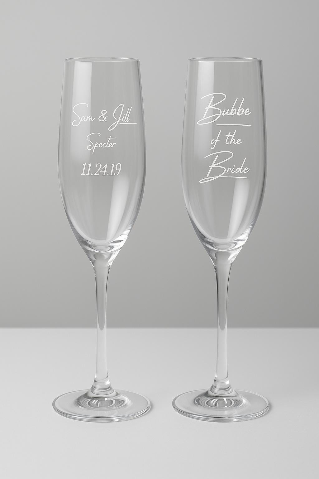 Engraved Bubbe of the Bride Champagne Flute, Jewish Wedding Toasting Glass