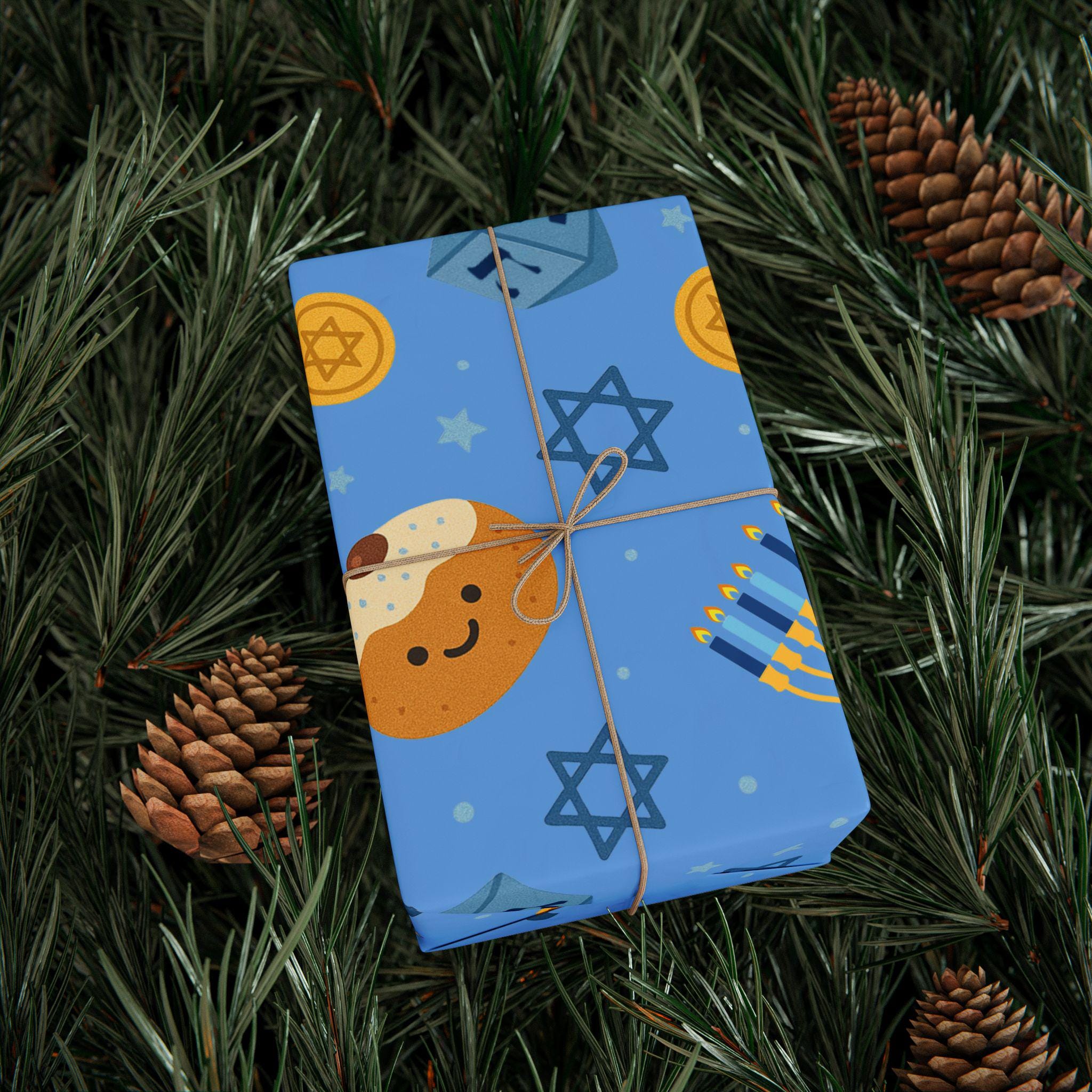 Blue Hanukkah Wrapping Paper, Modern Judaica Gift Wrap, Jewish Holiday Present Packaging