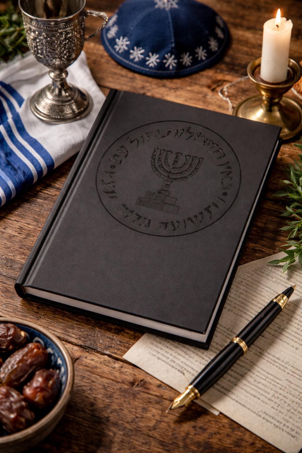 Hebrew Menorah Emblem Hardcover Journal, Israeli Symbol Notebook Blue Matte Lined Study Journal