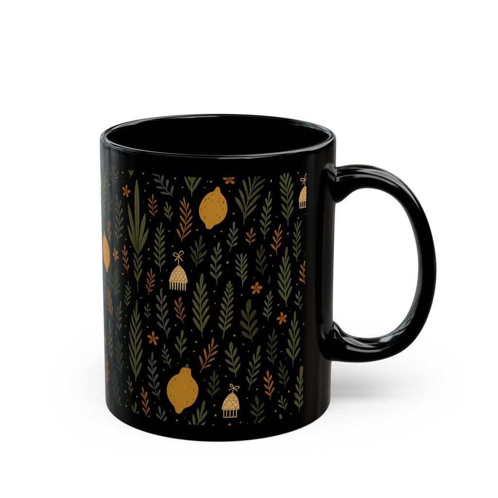 Jewish Sukkot Floral Black Ceramic Mug, Fall Holiday Tea Cup (11oz or 15oz)
