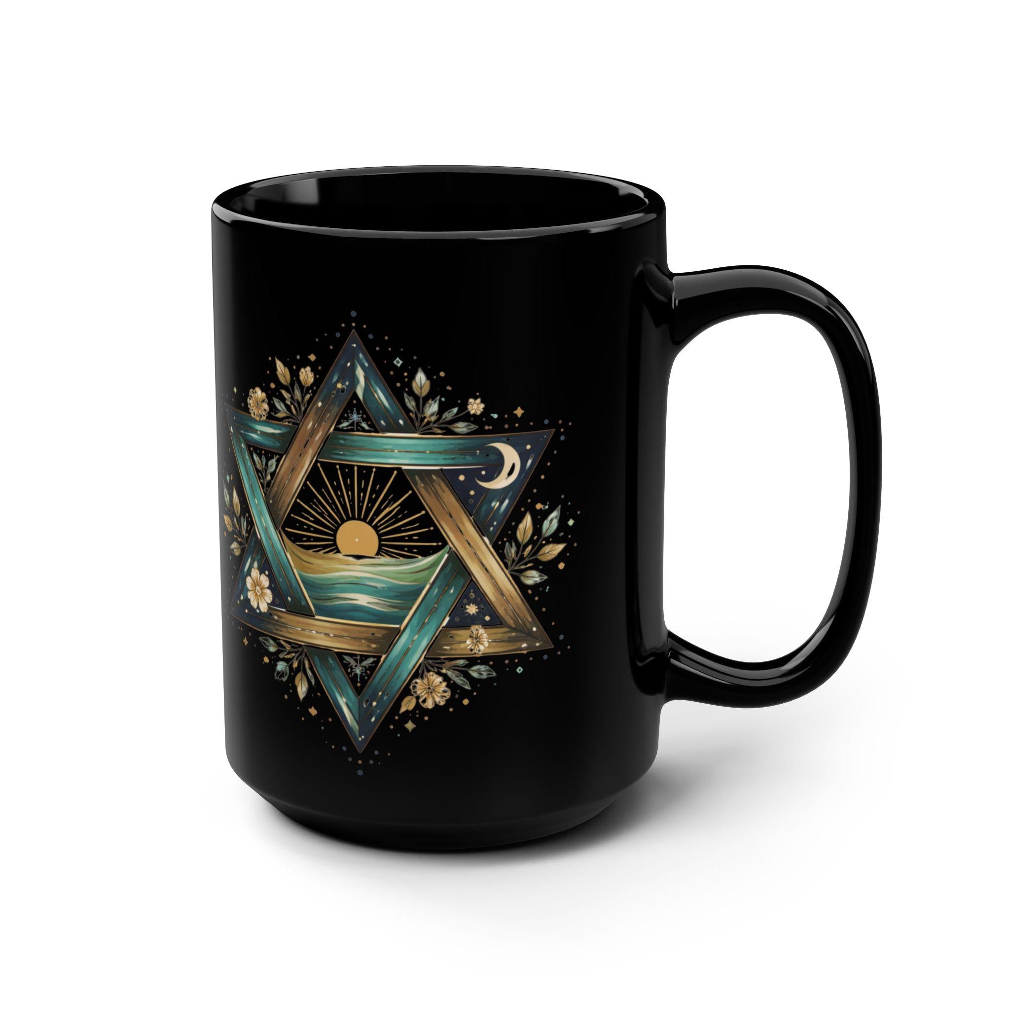 Star of David Sunrise Mug, Ocean Jewish Symbol Black Ceramic Coffee Cup