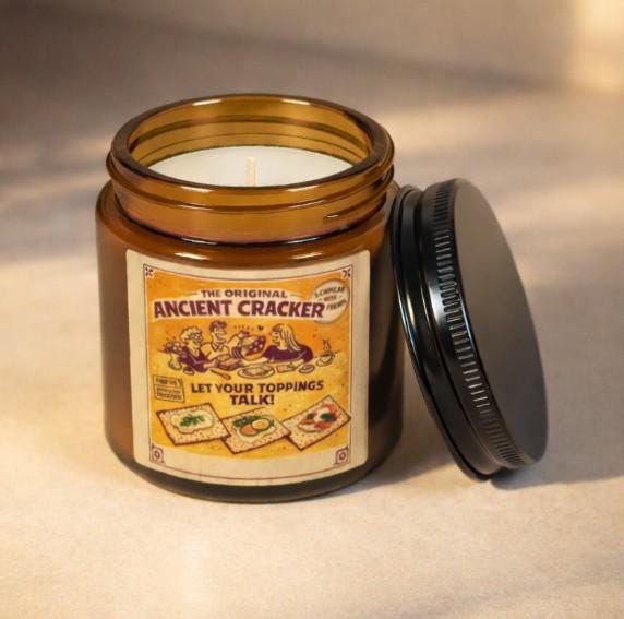 Vintage Cracker Label Soy Candle, Amber Jar, Judaica Kitchen Decor