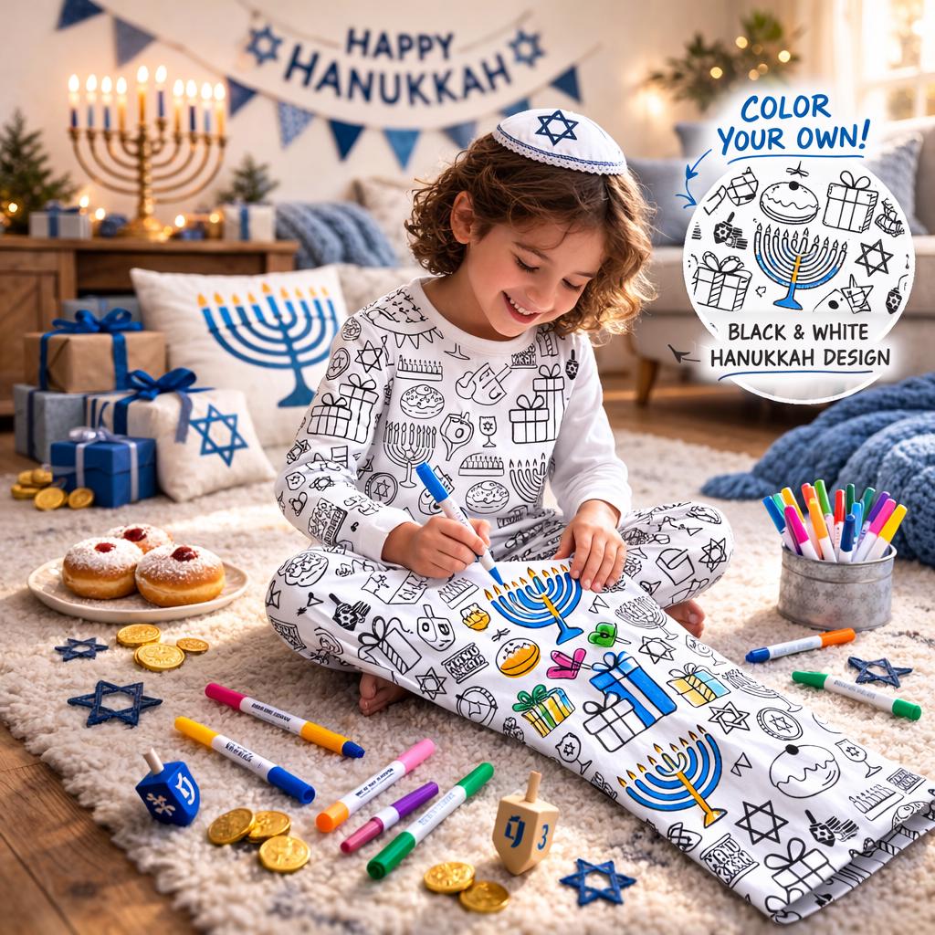 Kids Color Your Own Hanukkah Pajama Pants, Dreidel Coloring Sleepwear (100% Polyester)