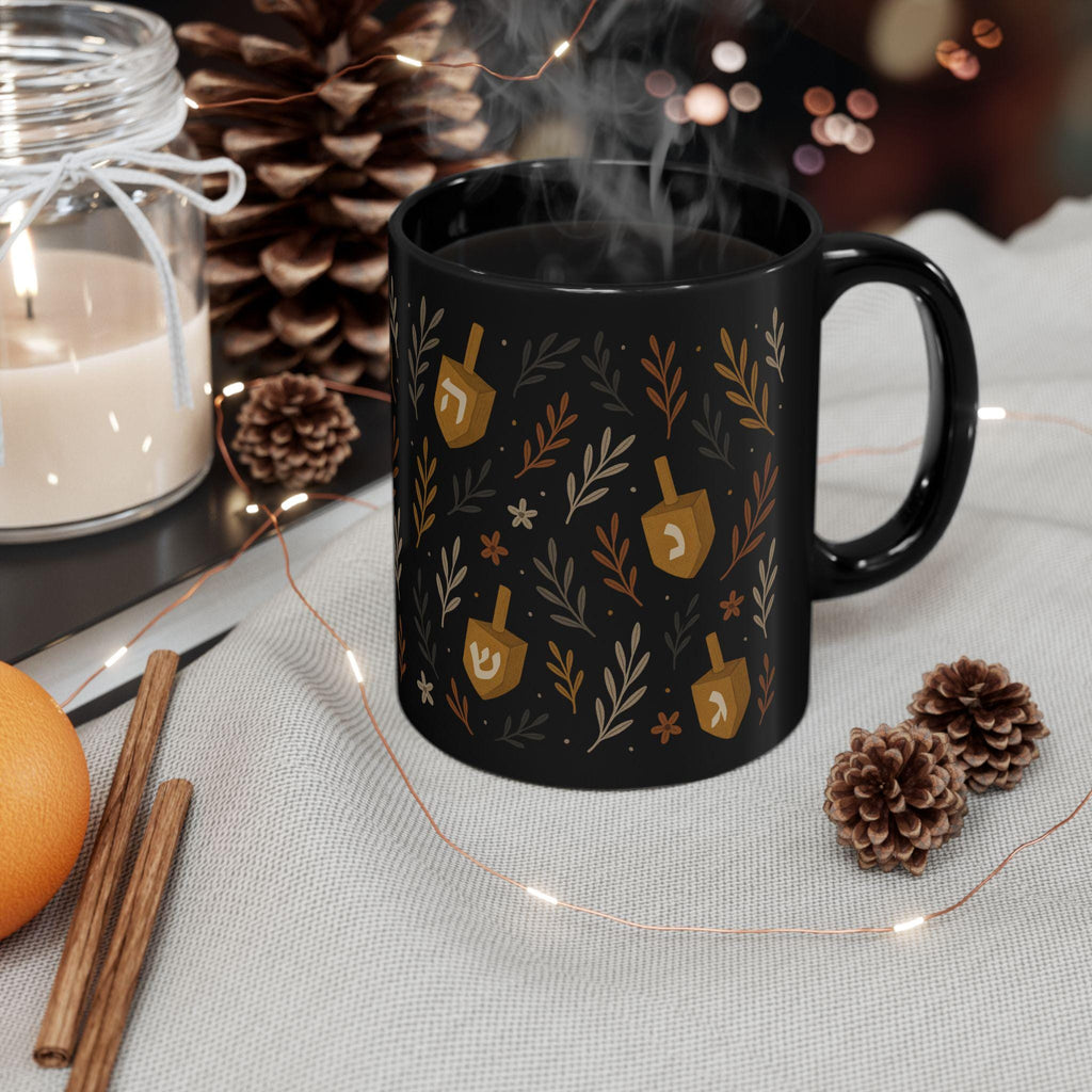 Floral Dreidel Mug, Black Ceramic Hanukkah Coffee Cup (11oz or 15oz)