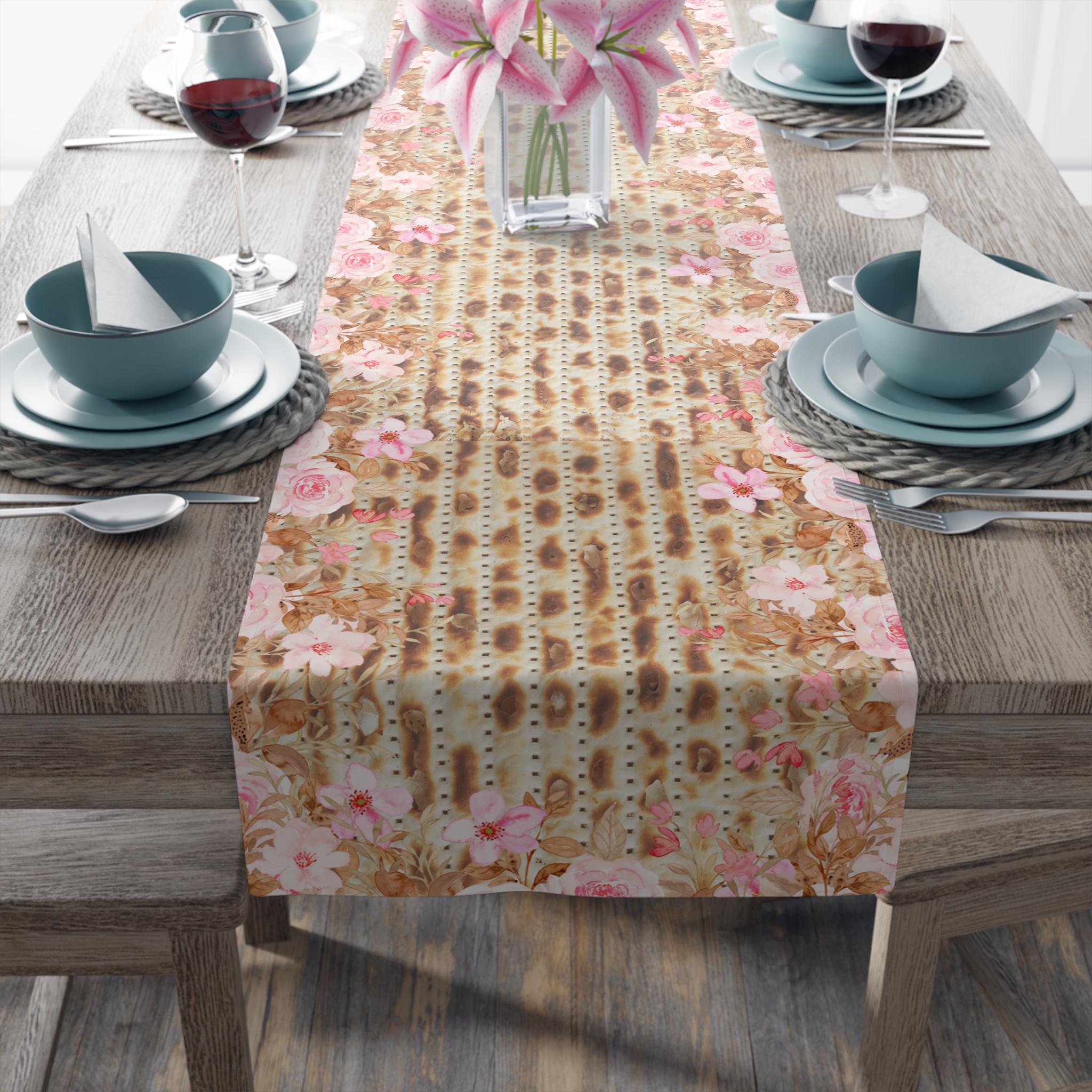 Passover Matzah Pink Floral Table Runner, Pesach Seder Judaica Decor