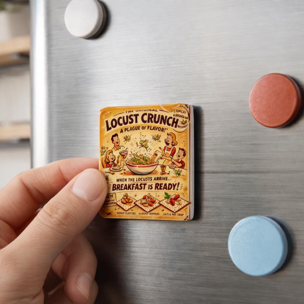 Passover Locust Crunch Cereal Magnet, Retro Pesach Kitchen Decor, Jewish Seder Humor Fridge Art