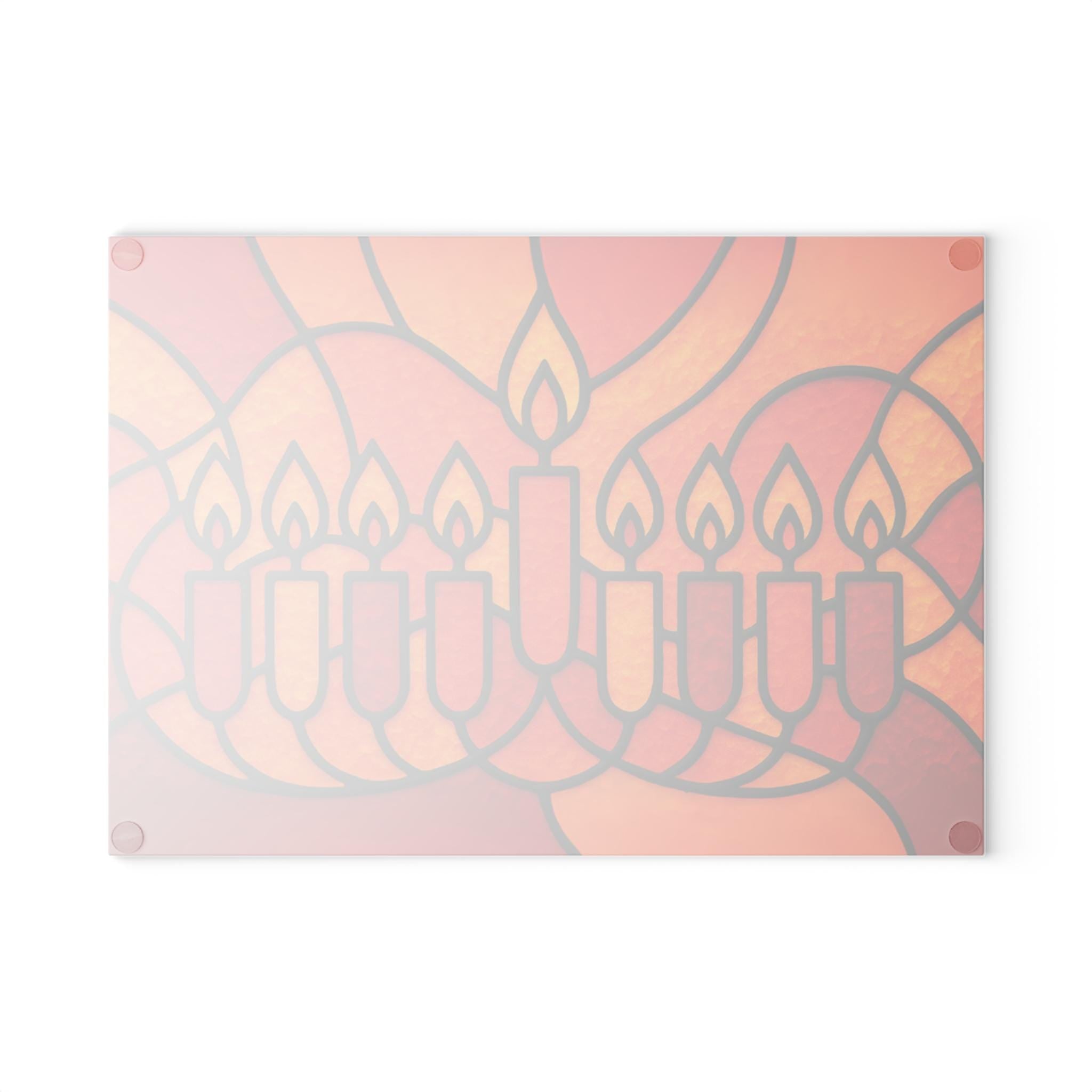 Orange Stained Glass Hanukkah Menorah Drip Tray, Tempered Glass Wax Catcher (8x11