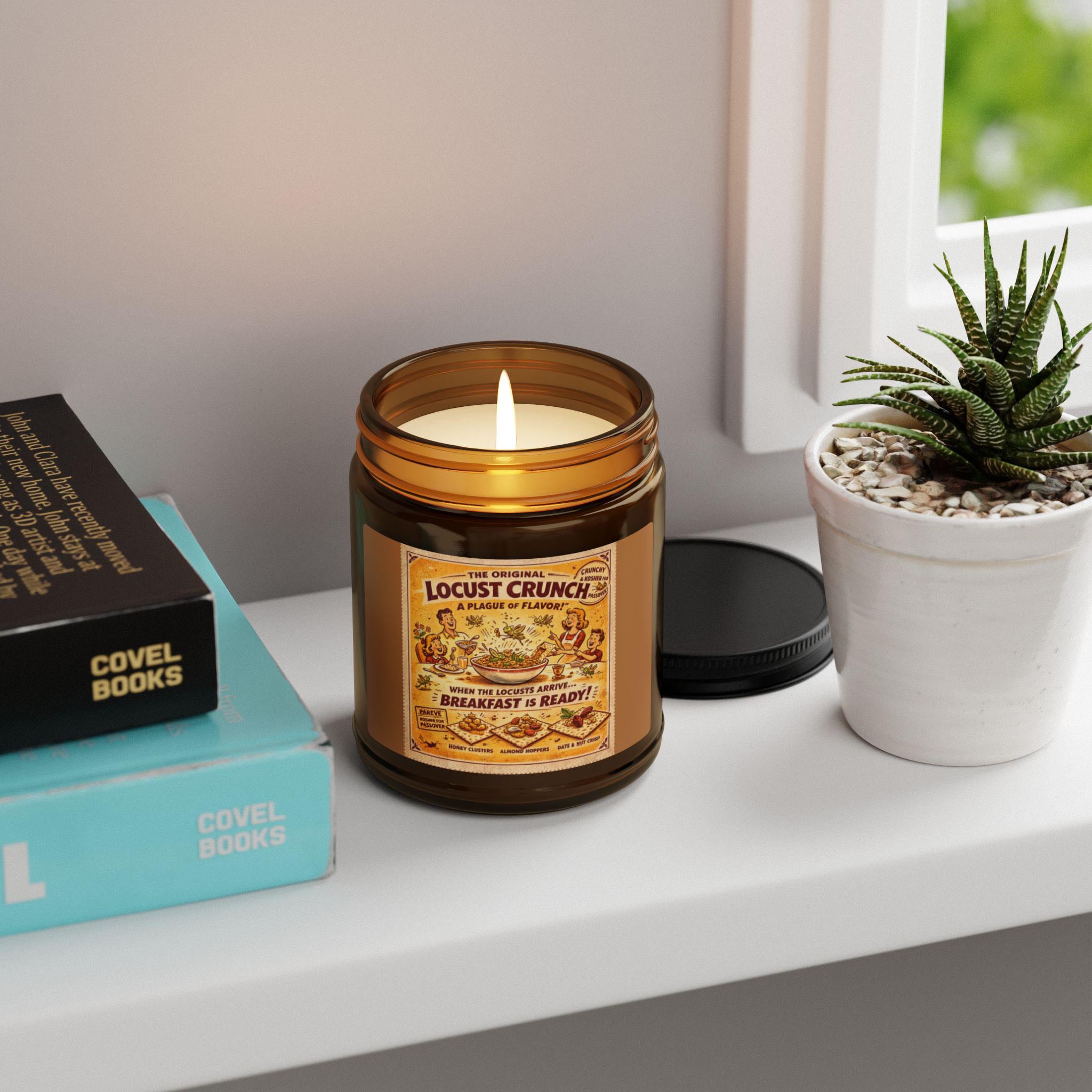 Locust Crunch Soy Candle, Vintage Passover Label, Amber Glass Judaica Home Fragrance