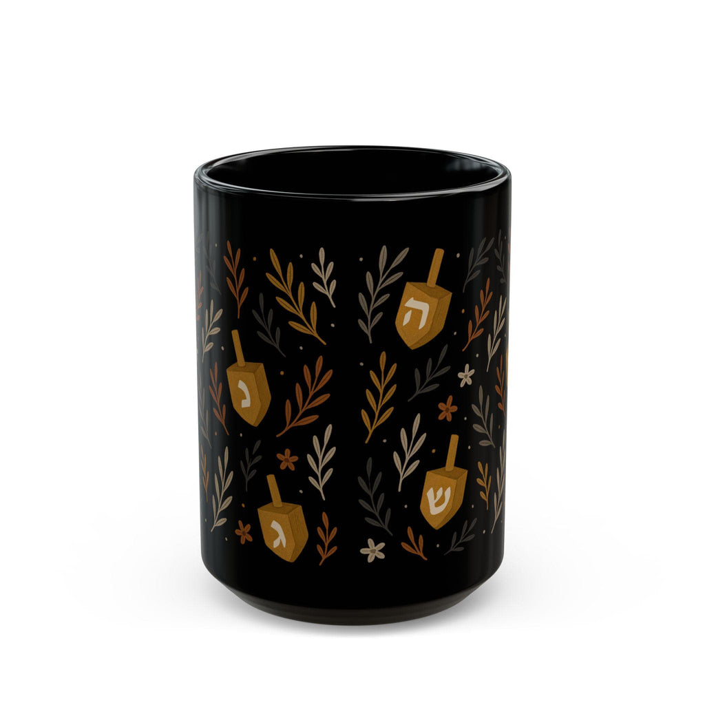 Floral Dreidel Mug, Black Ceramic Hanukkah Coffee Cup (11oz or 15oz)