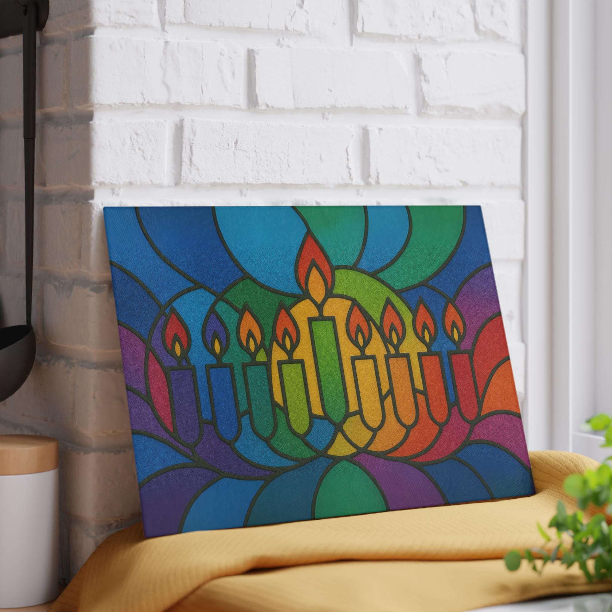 Rainbow Stained Glass Hanukkah Menorah Drip Tray, Tempered Glass Wax Catcher