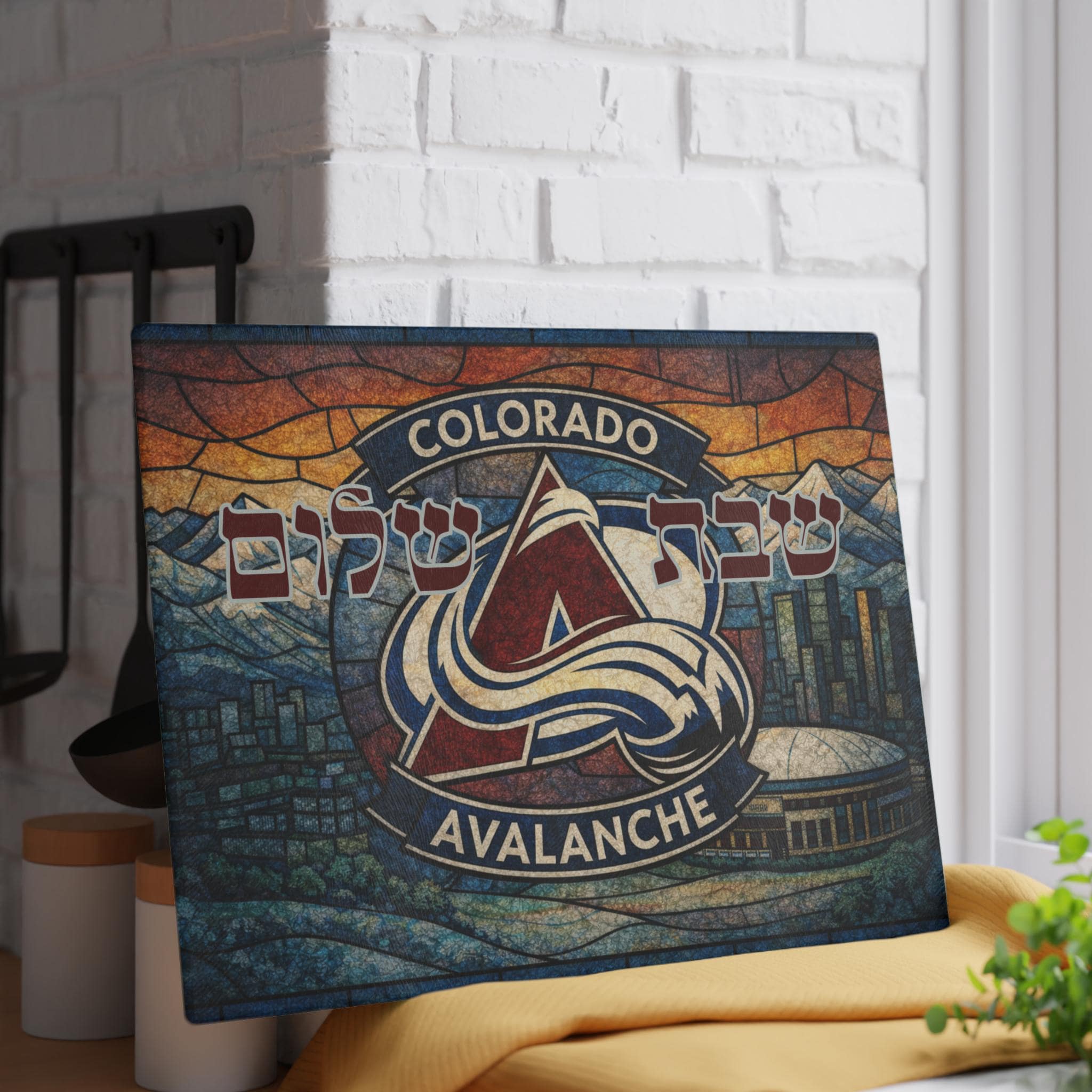 Colorado Avalanche Challah Board Stained Glass Shabbat Tray, 15x11 Jewish Hockey Wedding Gift