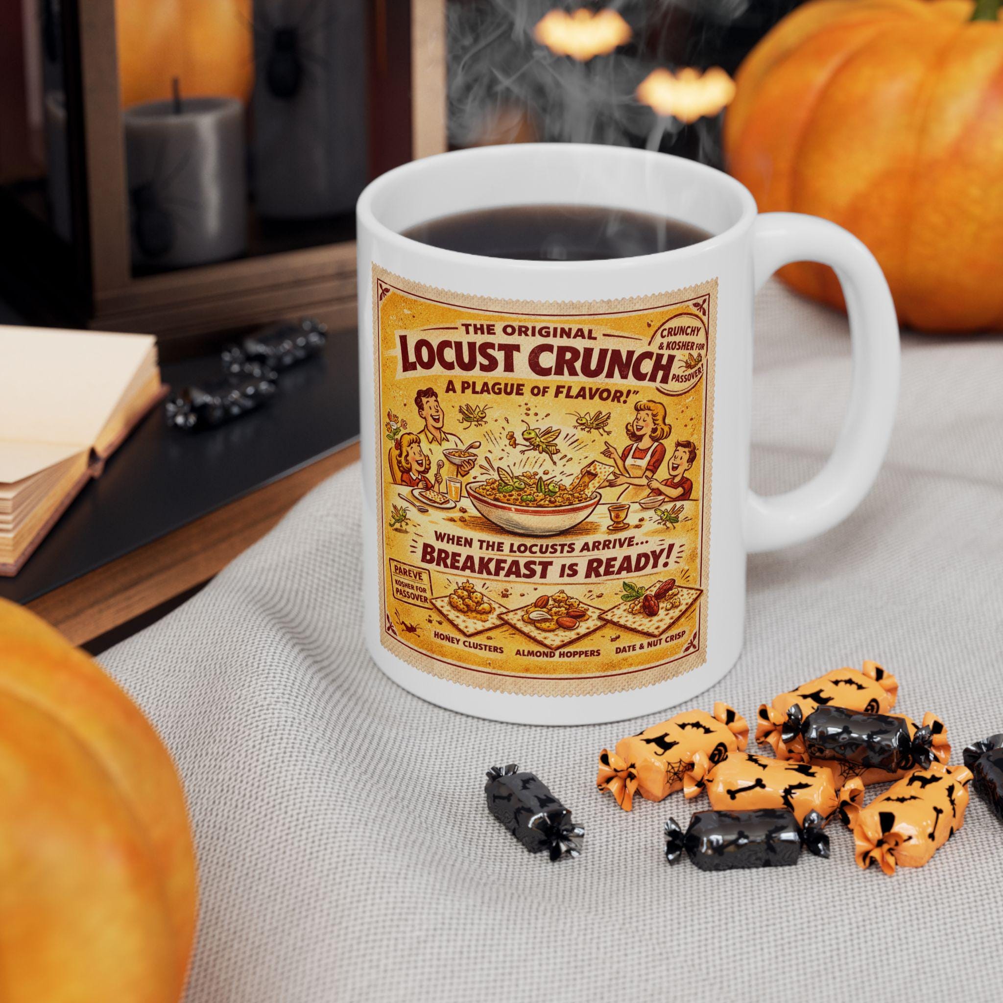 Passover Locust Crunch Cereal Mug, Retro Jewish Humor Coffee Cup
