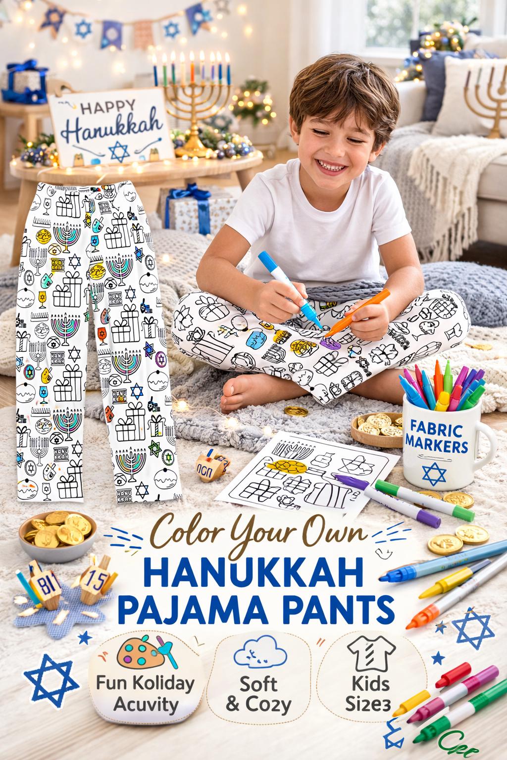 Color Your Own Hanukkah Pajama Pants, Kids Menorah Dreidel Lounge Pants