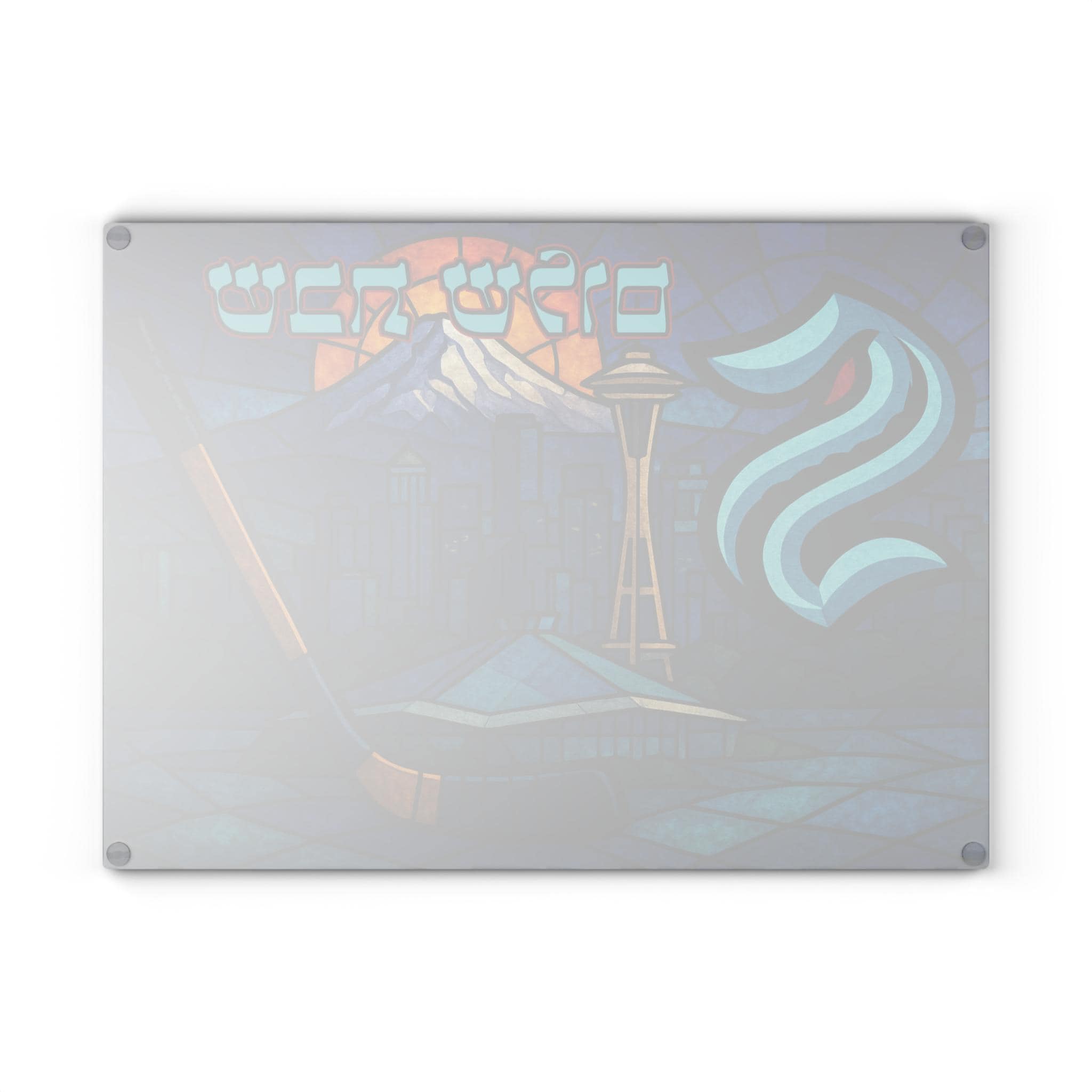 Seattle Kraken Challah Board Glass, Stained Glass Shabbat Tray with Arena and Skyline, Jewish Hockey Gift