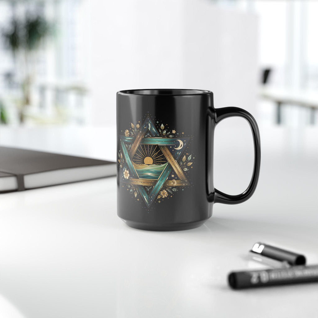Star of David Sunrise Mug, Ocean Jewish Symbol Black Ceramic Coffee Cup