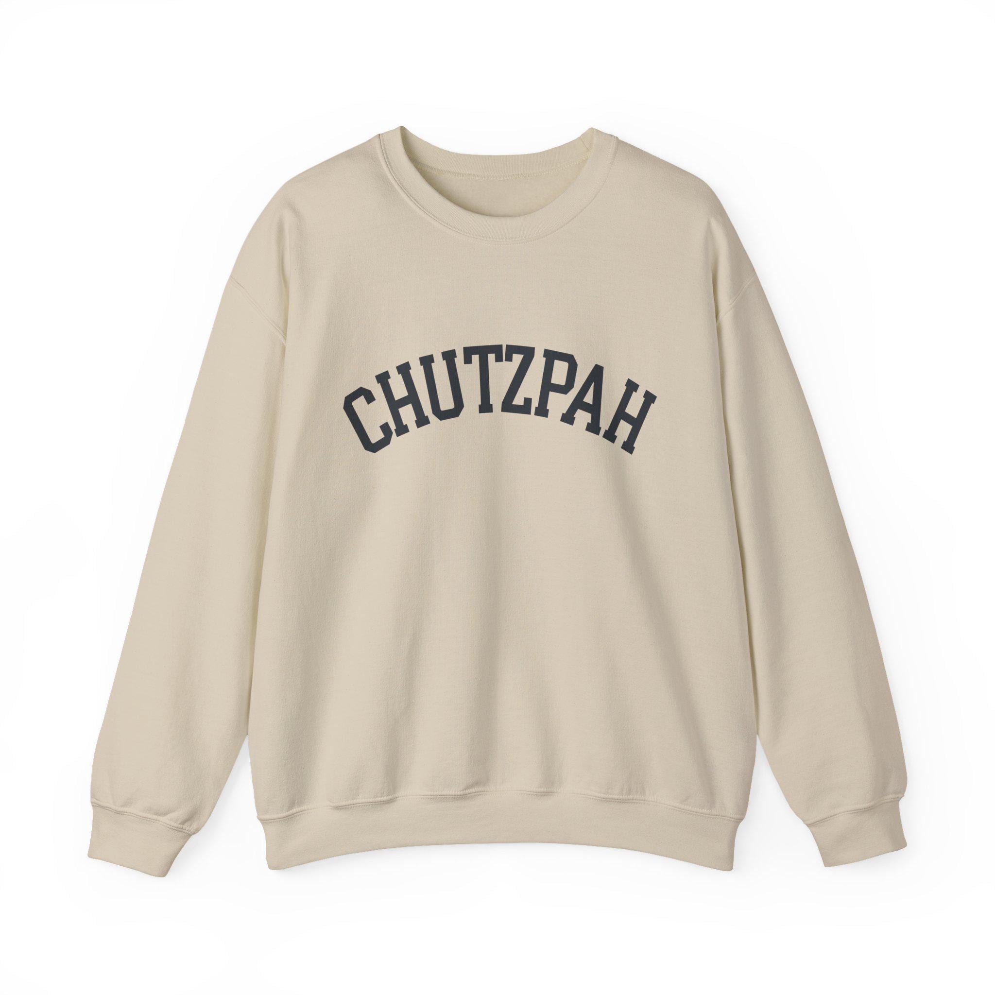 Chutzpah Sweatshirt White Crewneck, Yiddish Collegiate Lettering Jewish Pullover Gift