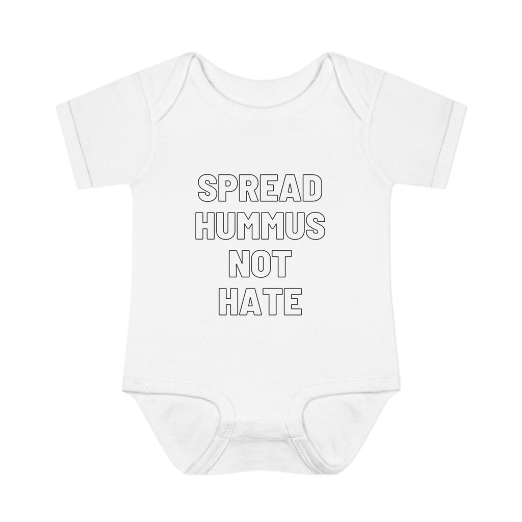 Spread Hummus Not Hate Baby Onesie Funny Jewish Infant Bodysuit, Foodie Humor Baby Shower Gift