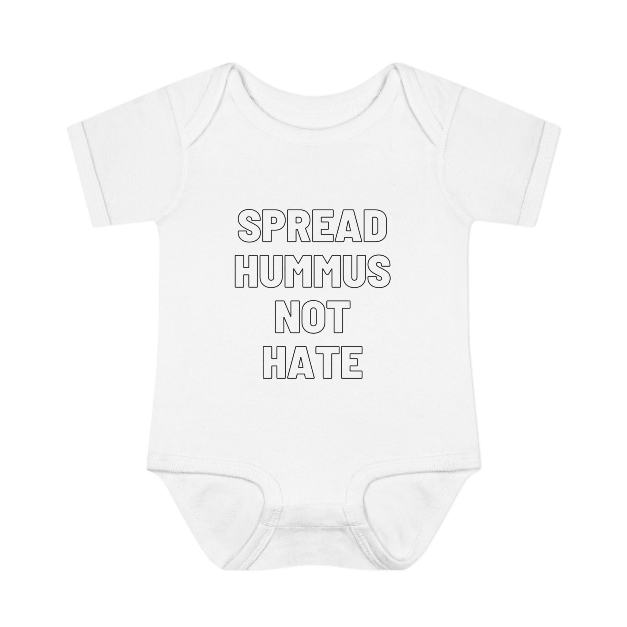 Spread Hummus Not Hate Baby Onesie Funny Jewish Infant Bodysuit, Foodie Humor Baby Shower Gift