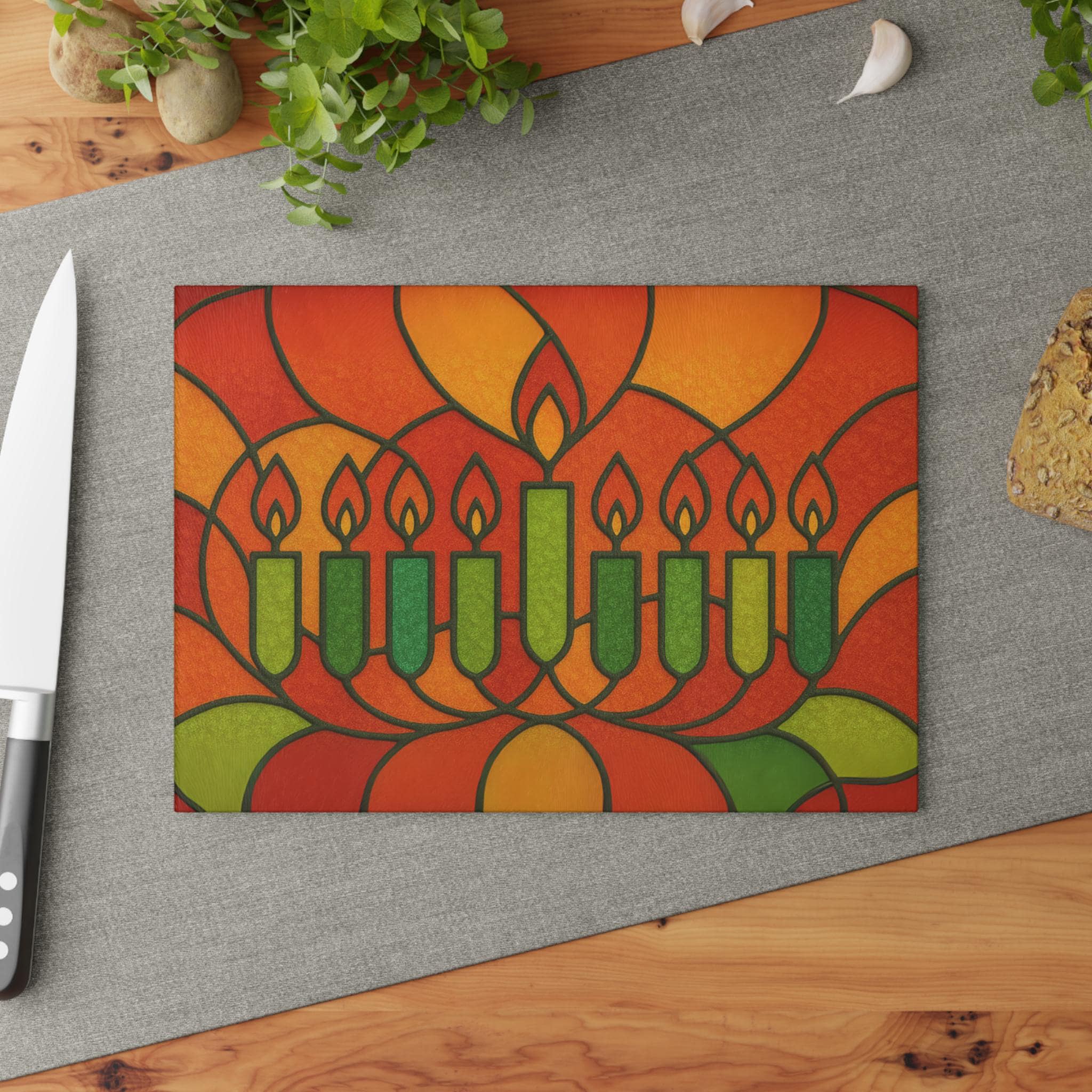 Stained Glass Style Hanukkah Menorah Drip Tray, Tempered Glass Judaica (8x11" )