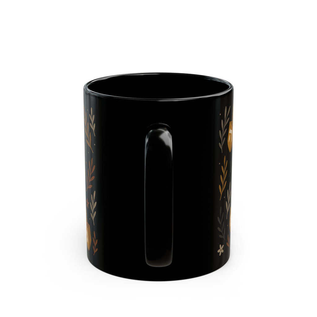 Floral Dreidel Mug, Black Ceramic Hanukkah Coffee Cup (11oz or 15oz)