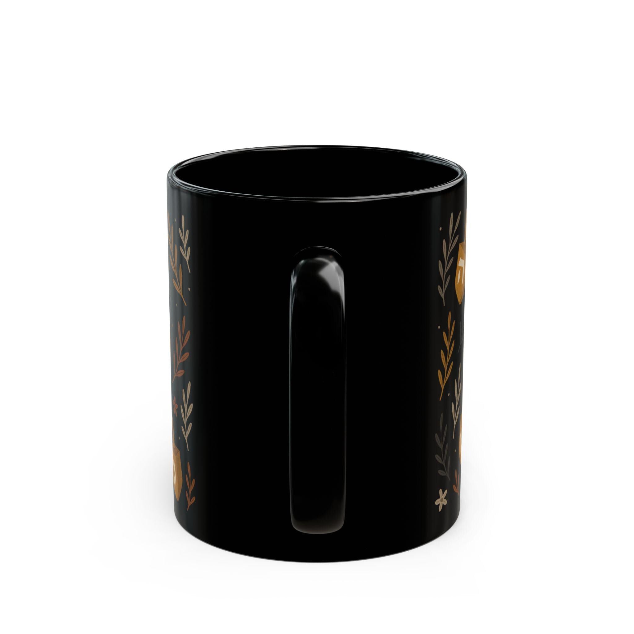 Floral Dreidel Mug, Black Ceramic Hanukkah Coffee Cup (11oz or 15oz)