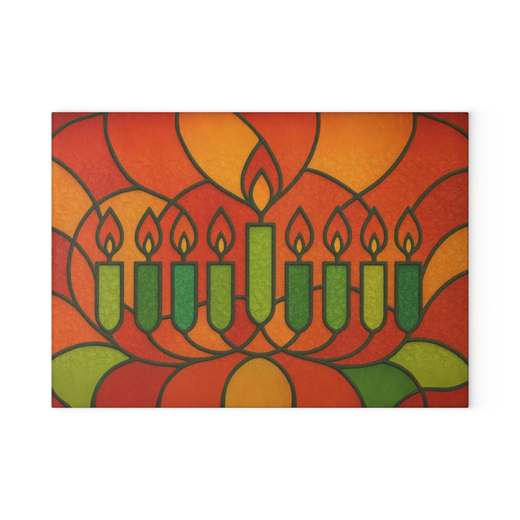 Stained Glass Style Hanukkah Menorah Drip Tray, Tempered Glass Judaica (8x11" )
