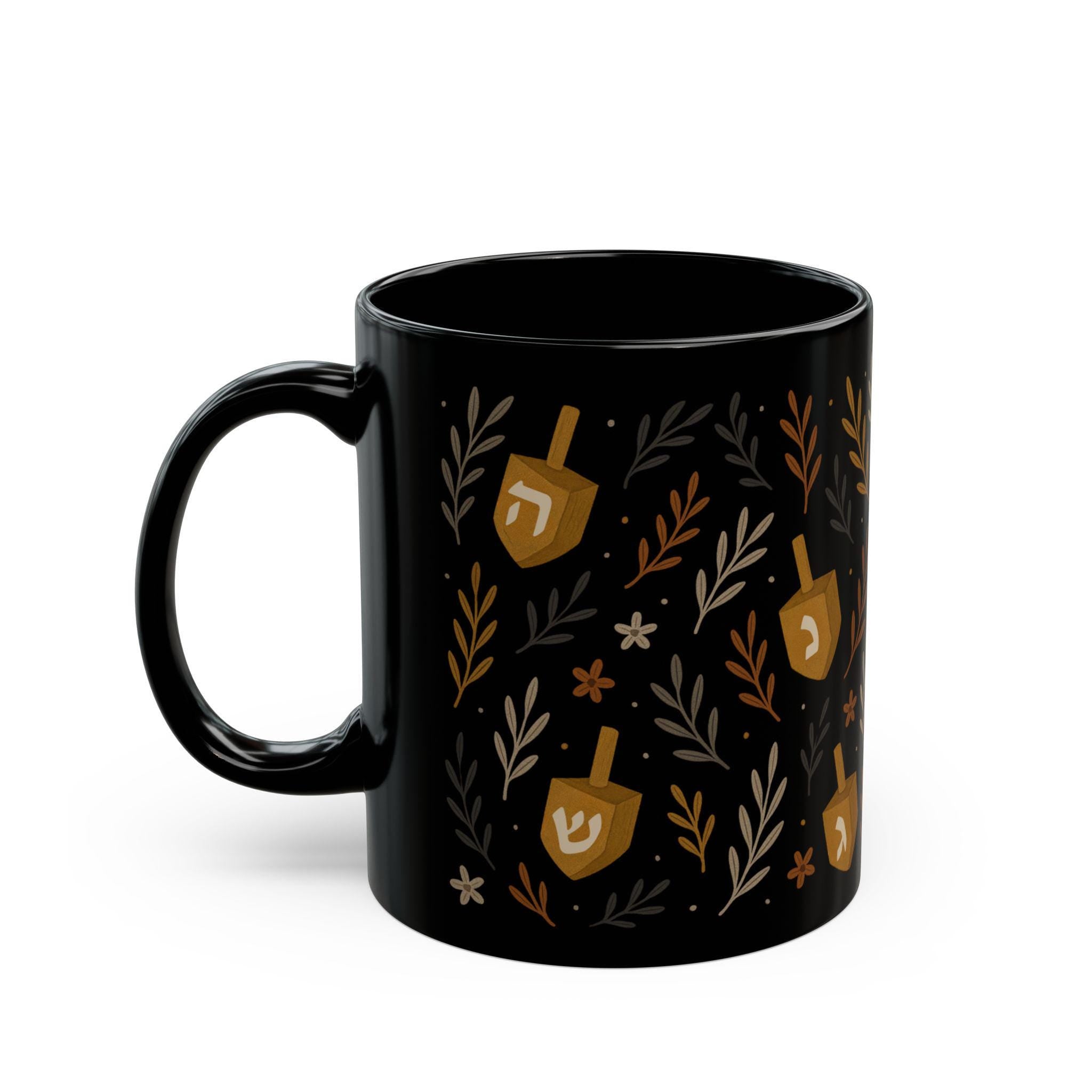 Floral Dreidel Mug, Black Ceramic Hanukkah Coffee Cup (11oz or 15oz)