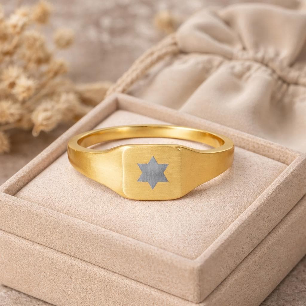 Gold Star of David Signet Ring, Square Stainless Steel, 18K PVD Engraved Judaica