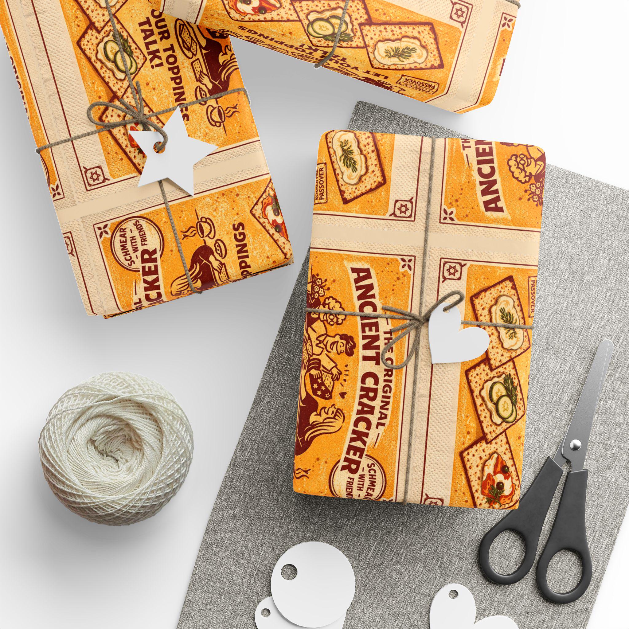 Vintage Matzah Label Wrapping Paper, Passover Gift Wrap, Jewish Holiday Packaging, Matzah Cracker Pattern